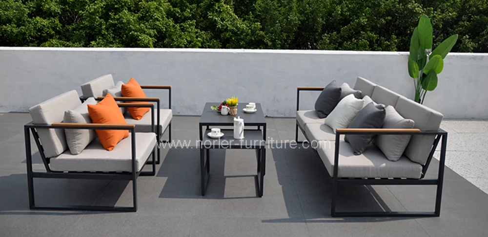 Outdoor Aluminum Frame Teak Wood Armrest Sectional Sofa