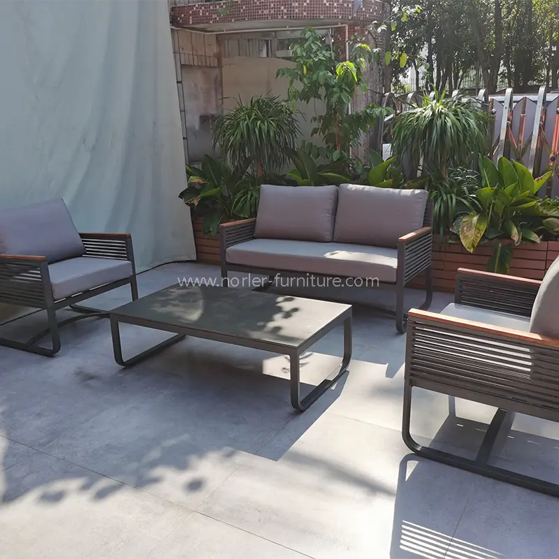 Nyeste udendørs aluminiumsramme teak træ armlæn sofa
