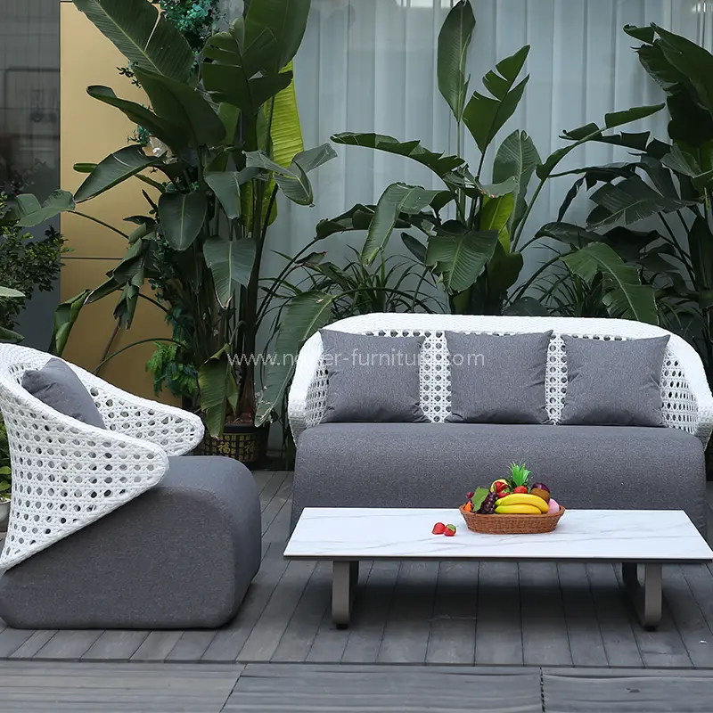 Udendørs aluminiumsramme hvid hånd vævet rotting ryglæn sofa