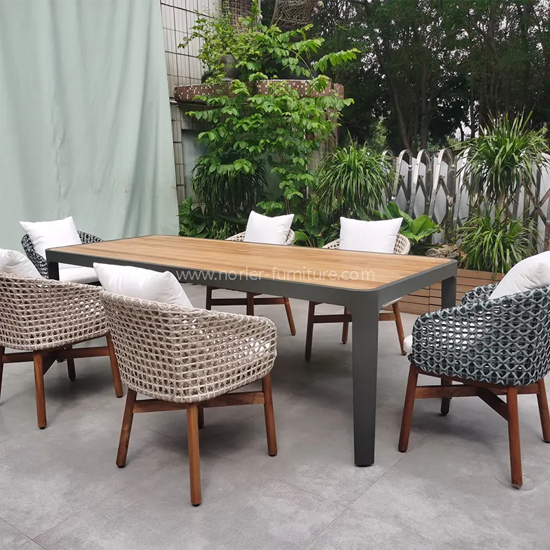 Udendørs teak aluminiumsramme pe rattan spisestue